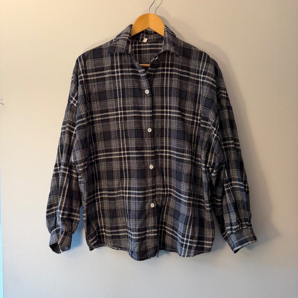 Ruee Mens Plaid Button Up Shirt Navy Blue White Check Long Sleeve Medium